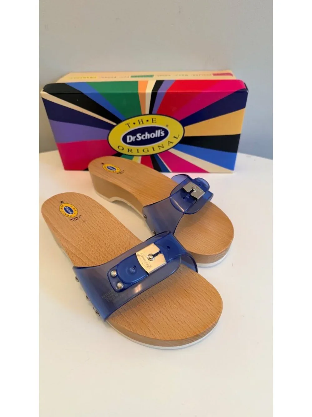 Dr Scholls Women Size 8 M Wood Exercise Clog Sandal Blue Vinyl Slide Shoe New